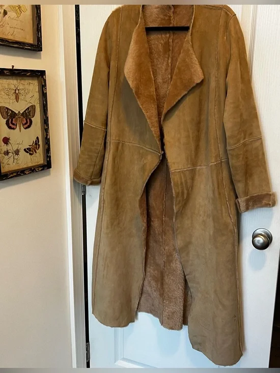 Vintage Tan genuine suede shearling duster long jacket size medium Coat Camel - Picture 3 of 13
